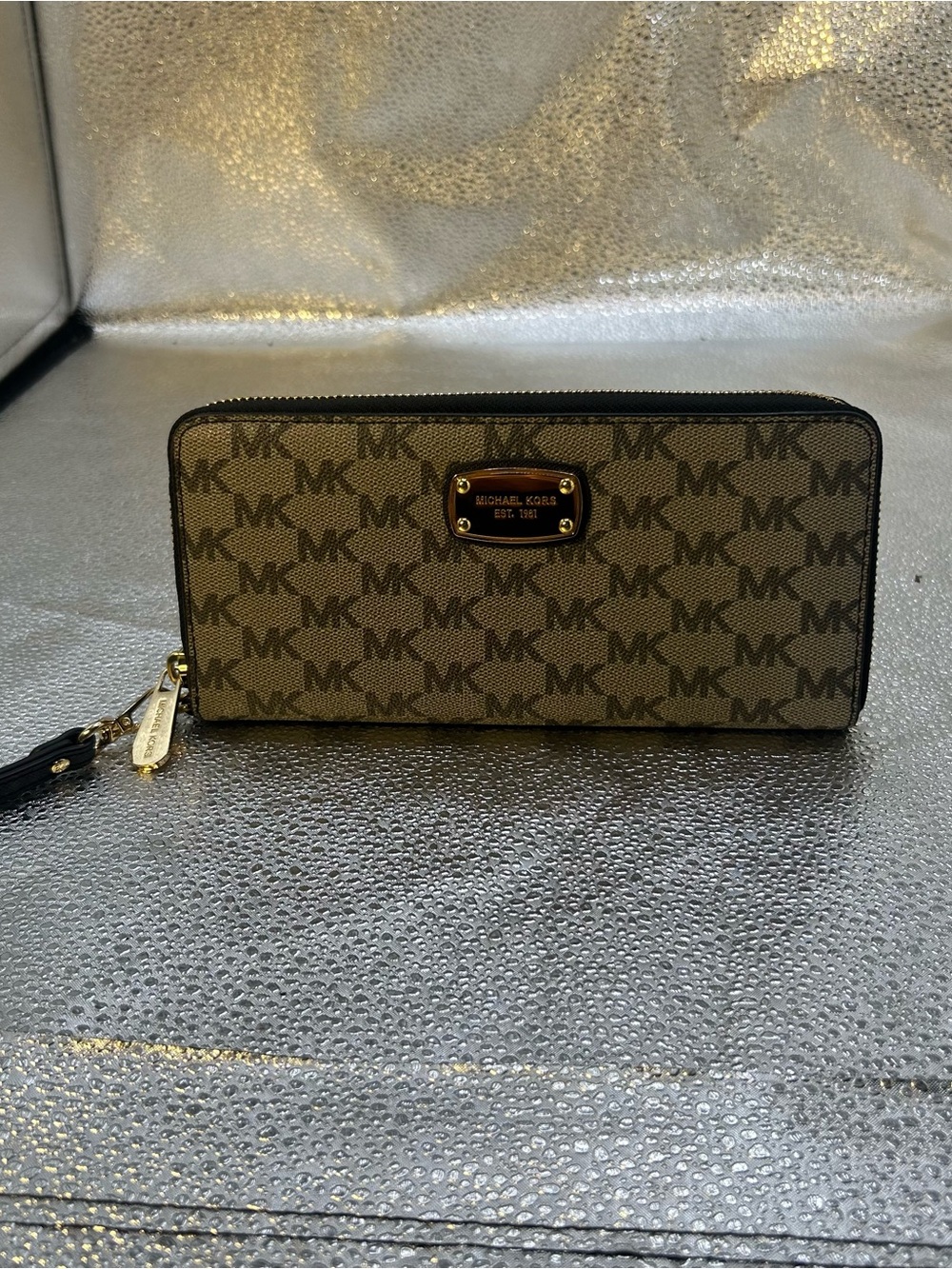 Michael Kors Brown Logo Zip-Around Wallet with Gold Plate